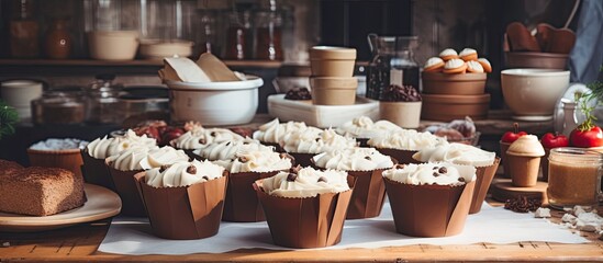 Poster - Cakes baking in homemade style in paper molds on a kitchen table with copy space image.