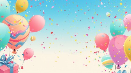 Poster - Colorful balloons, confetti, and presents set against a bright blue sky, perfect for a childrens birthday party. Generative AI