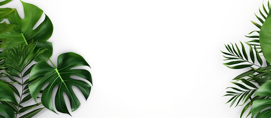 Leinwandbilder - Top view of isolated tropical jungle Monstera leaves with a white background, highlighting the swiss cheese plant. The image includes a green leaf and copy space.