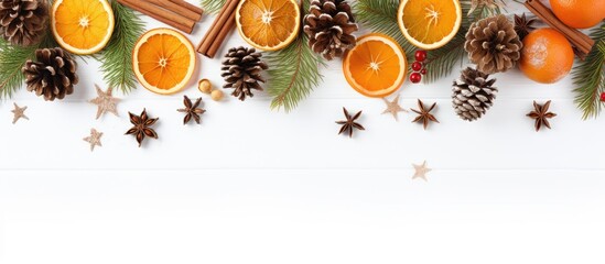 Poster - Winter-themed festive arrangement featuring a variety of elements such as fir tree branches, pine cones, cinnamon sticks, dried oranges, and gingerbread placed on a white backdrop, displayed from