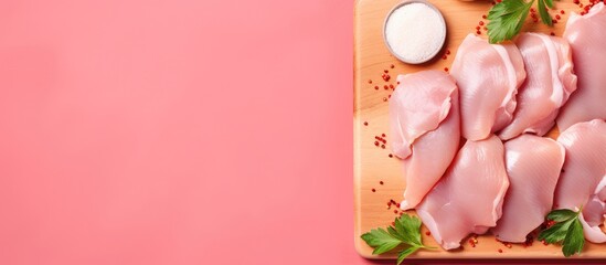 Poster - Board with raw chicken meat on color background with copy space image.