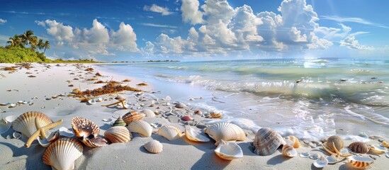 Poster - A panoramic coastal vista with a banner-like view featuring white sandy shores and seashells, ideal for copy space image.