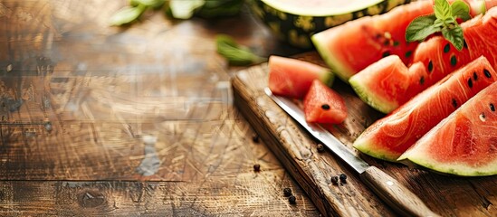 Aufkleber - Watermelon slices on a cutting board with a knife, showing a copy space image on the table.