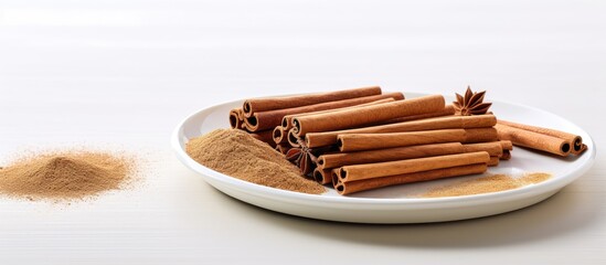 Leinwandbilder - Cinnamon sticks and ground spice beautifully arranged on a white plate against a light wooden backdrop, perfect for a copy space image.