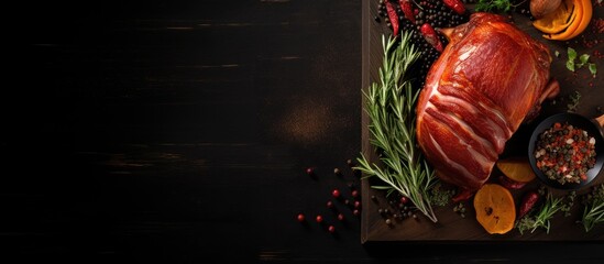 Aufkleber - 'Christmas composition featuring a roasted ham on a dark backdrop, highlighting a traditional food concept with a top-down view and empty space for text or design elements.'. with copy space image
