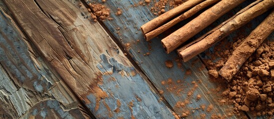 Poster - Ceylon cinnamon sticks and powder displayed on a textured wooden surface with a spicy aroma ideal for baking, desserts, and drinks, with a close-up view and room for text alongside the image