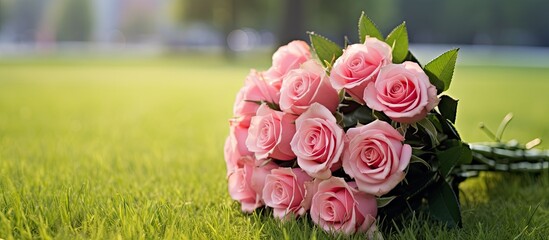 Canvas Print - pink rose flower bouquet displayed on green grass with copy space image.