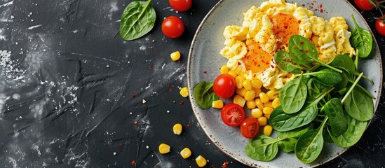 Poster - Top view flat lay breakfast of scrambled eggs with cherry tomatoes, spinach, and corn on a plate with a visible copy space image.