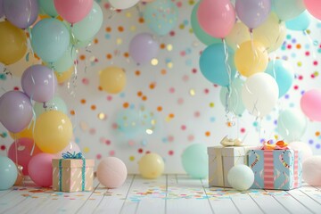 Poster - A festive birthday party scene with colorful balloons, confetti, and presents against a white wall. Generative AI