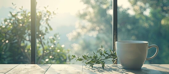 Aufkleber - Scandinavian-style coffee cup placed by a large window with a view, ideal for copy space image.