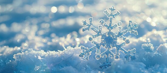 Snowflake Christmas decoration resting in the snow with room for text or other elements in the image. Copy space image. Place for adding text and design