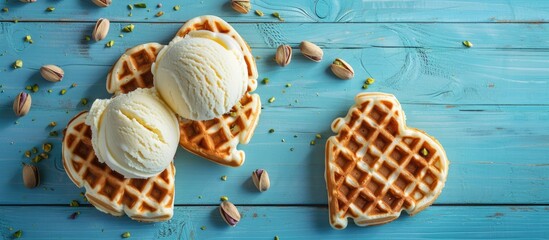 Sticker - Heart-shaped waffles topped with vanilla ice cream and pistachio nuts on a blue wooden backdrop, portraying a healthy summer food idea with a copy space image.