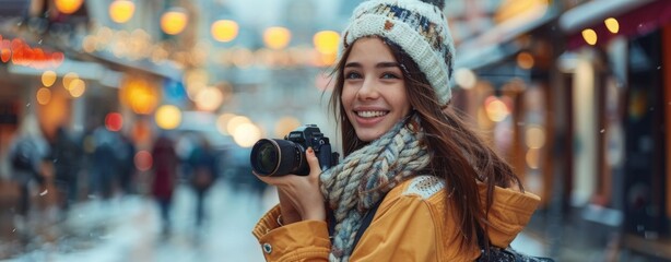 Wall Mural - For the image of a woman in a winter setting, smiling with a scarf, coat, and snow, you could name it Smiling Woman in Winter Fashion Outdoors