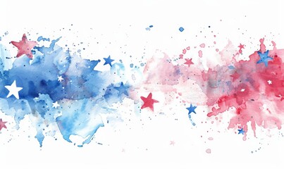 Wall Mural - Watercolor splashes in red and blue colors with stars. USA national holiday concept background.