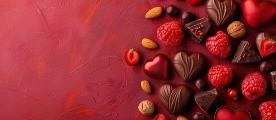 Aufkleber - Heart-shaped chocolate sweets with fruits and nuts displayed on a colorful backdrop in a top-down view, presenting a holiday-themed copy space image.