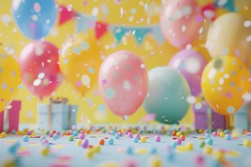 Poster - Colorful balloons, confetti, and presents create a festive atmosphere for a childrens birthday party. Generative AI