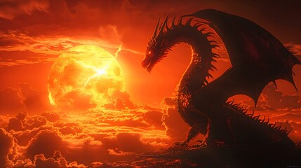 Wall Mural - Majestic Dragon Silhouette Against Fiery Dramatic Sky at Sunset