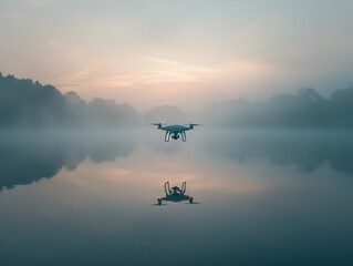 Wall Mural - Drone flying over a serene misty lake at tranquil dawn with mirrored reflection