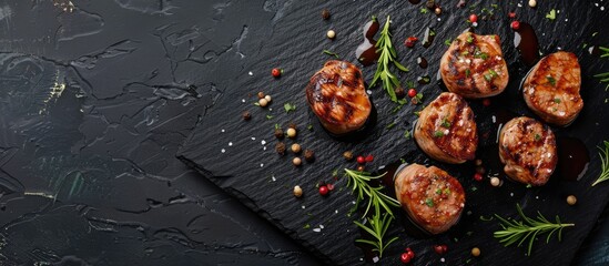 Aufkleber - Top view of BBQ grilled pork medallions and tenderloin fillet on a black background with ample copy space image.