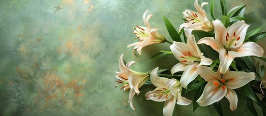 Leinwandbilder - Top-down view of a floral arrangement featuring lilies in a serene composition with a postcard mockup set against a green backdrop, allowing for copy space image.