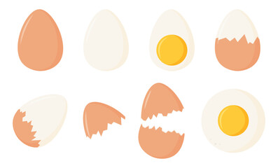 Chicken eggs icon boiled, crack, and fried eggs sticker cartoon flat illustration 