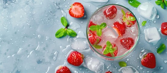 Wall Mural - Top-down view of a refreshing summer drink featuring strawberries, ice, and mint, along with a vacant area for adding text, known as copy space image.