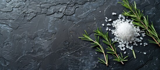 Poster - Image with salt and rosemary on a dark surface with empty space for text. Copy space image. Place for adding text and design