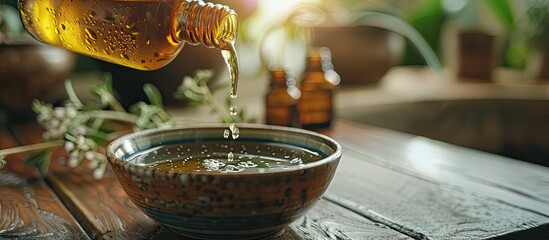 Sticker - Pouring tea tree oil from a bottle into a bowl on a table, with an area available for adding text in the image. Copy space image. Place for adding text and design