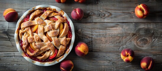 Poster - A pie with nectarines displayed on a gray wooden table with soft focus enhancing the aesthetic appeal of the copy space image.