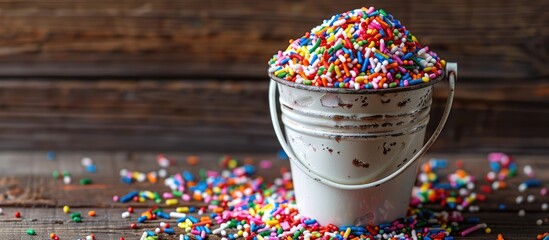 Aufkleber - Sugar sprinkles for cake decoration featuring a bucket overflowing with colorful sprinkles on a rustic wooden backdrop, ideal for a copy space image.