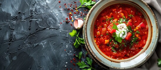 Aufkleber - Close-up of a plate with delicious borscht soup, with ample copy space image.