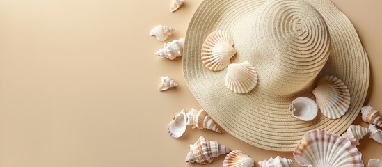 Aufkleber - Sun hat for women decorated with seashells on a beige backdrop, ideal for a vacation vibe with a stylish look, perfect for a summer-themed copy space image.