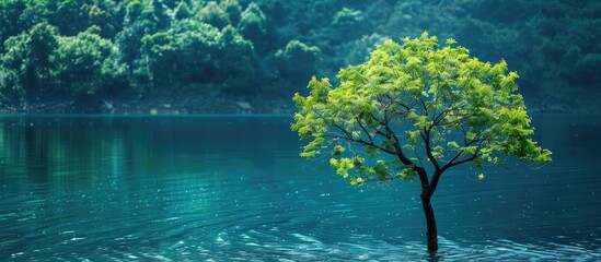 Aufkleber - Tree with green leaves against a backdrop of rippling blue water, providing a serene copy space image.