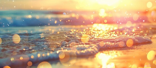Poster - A blurred tropical sunset beach with bokeh lights creates an abstract sand texture background, ideal for outdoor summer vacation and business travel concept. Vintage filter with copy space image.