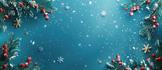 Poster - Christmas and New Year themed background featuring snowflakes, garland, and fir branches with copy space image.