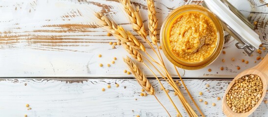 Fototapete - White wooden table with a jar of whole grain mustard, providing copy space image.