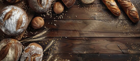 Poster - A rustic wooden board covered with a variety of whole grain bread loaves, scattered wheat ears, and space for text or images, representing a bakery theme. Copy space image