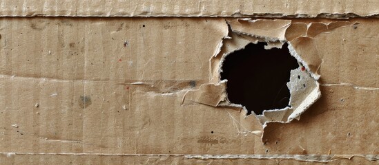 Aufkleber - Cardboard box showing damage with a hole on the surface for a copy space image.