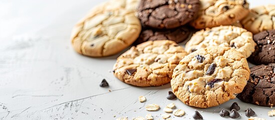 Poster - Assorted cookies like chocolate chip, oatmeal raisin, and white chocolate, displayed in a group with copy space image.