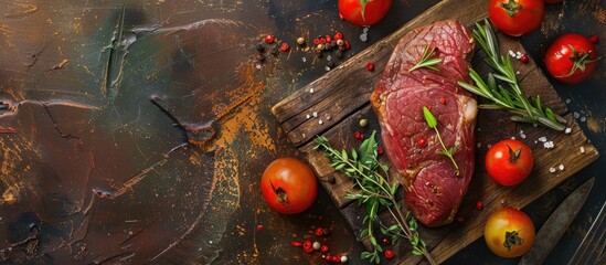 Poster - Fresh meat Steak on cutting board with vegetables and herbs - selected focus in a ready-to-cook copy space image.