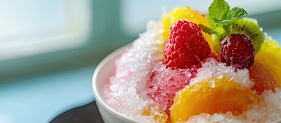 Aufkleber - Close-up photo of Hawaiian shaved ice, also known as shave ice or snow cone, featuring a blank space for more content beside the image. Copy space image. Place for adding text and design