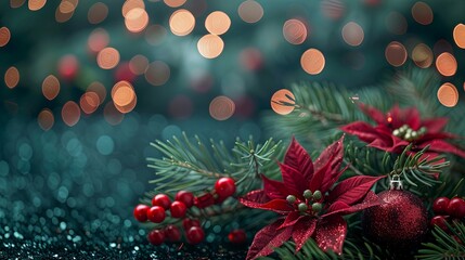 A festive Christmas garland featuring bright red flowers, evergreen branches, and glistening decorations, creating a traditional and cheerful holiday display.