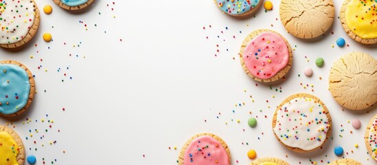 Poster - Round frame of colorful glazed cookies on a white background with copy space image.