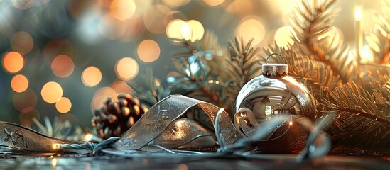 Poster - A festive New Year display featuring an illuminated bell, glass ball, fresh fir branch, and elegant silver ribbon with copy space image.