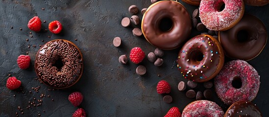 Poster - Display of delectable fruit and chocolate donuts, with copy space image.