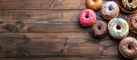 Poster - Colorful sweet donuts with various toppings on a wooden table in a top view copy space image.
