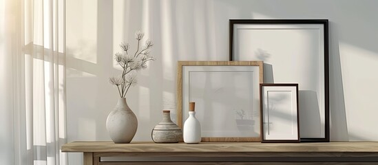 Poster - A room table displays photo frames with a vase, providing a visually appealing and inviting scene with copy space image potential.