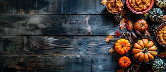 Poster - Traditional Thanksgiving holiday food displayed with pumpkins on a rustic old wooden table, with ample copy space image for text or design elements.