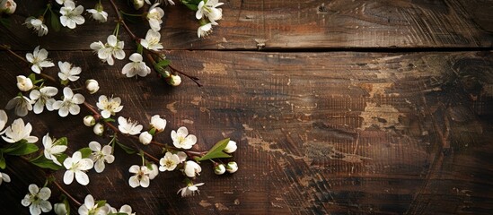 Poster - Elegant flower-filled branches set against a wooden backdrop make for a charming copy space image.