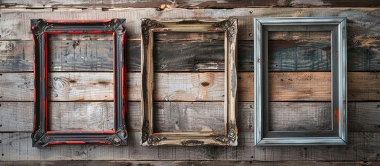 Leinwandbilder - Vintage frames with an empty middle hang on a shabby chic-style wooden wall, providing copy space image.